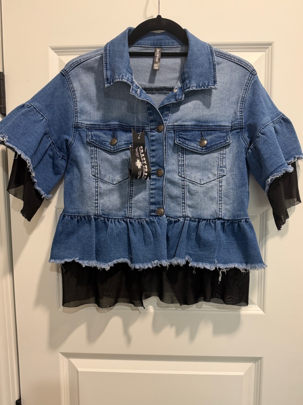 Crazy Train Blue Denim Peplum Button-Down with Black Mesh Trim